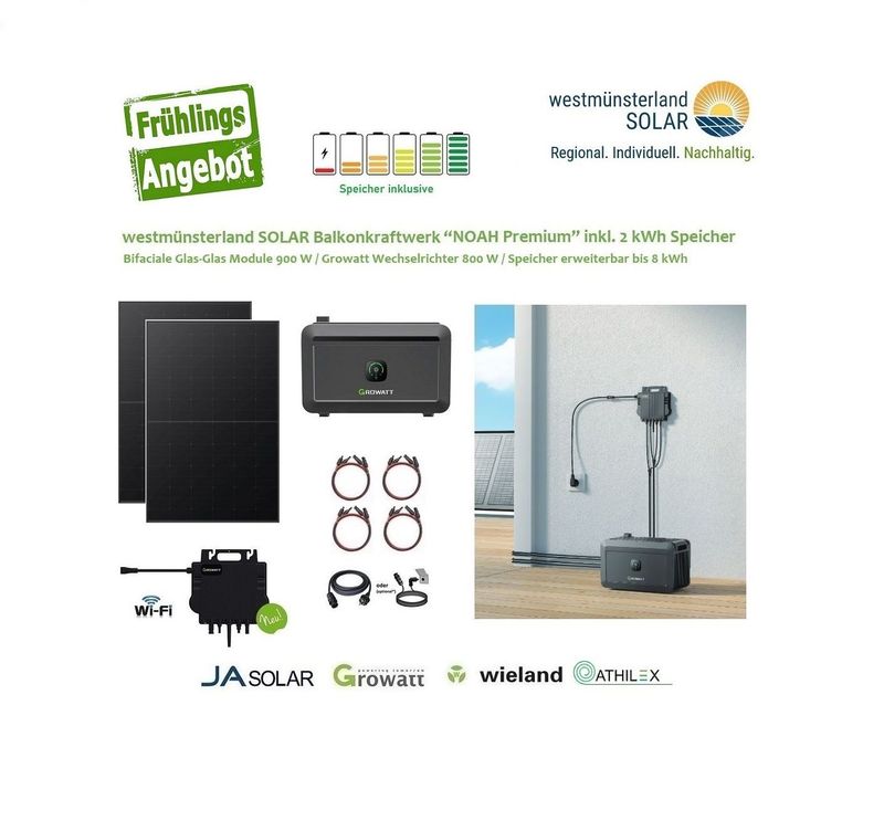Balkonkraftwerk / Stecker-Solaranlage Balkonkraftwerk / Stecker-Solaranlage "NOAH Premium" 900 Watt inkl. 2 kWh Speicher Plug & Play