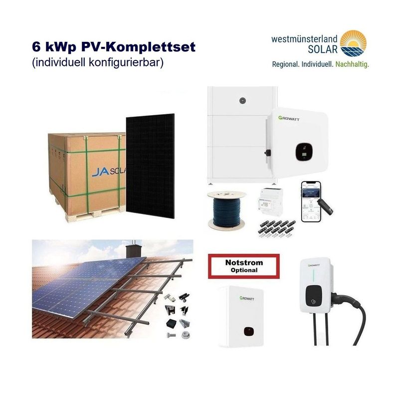 Solaranlage 6 kWp zur Selbstmontage / PV-Komplettset - optional 5 kWh / 10 kWh Speicher Growatt Wechselrichter - 14x JA Solar Glas-Glas Module Solaranlage 6 kWp zur Selbstmontage / PV-Komplettset - optional 5 kWh / 10 kWh Speicher Growatt Wechselrichter - 14x JA Solar Glas-Glas Module