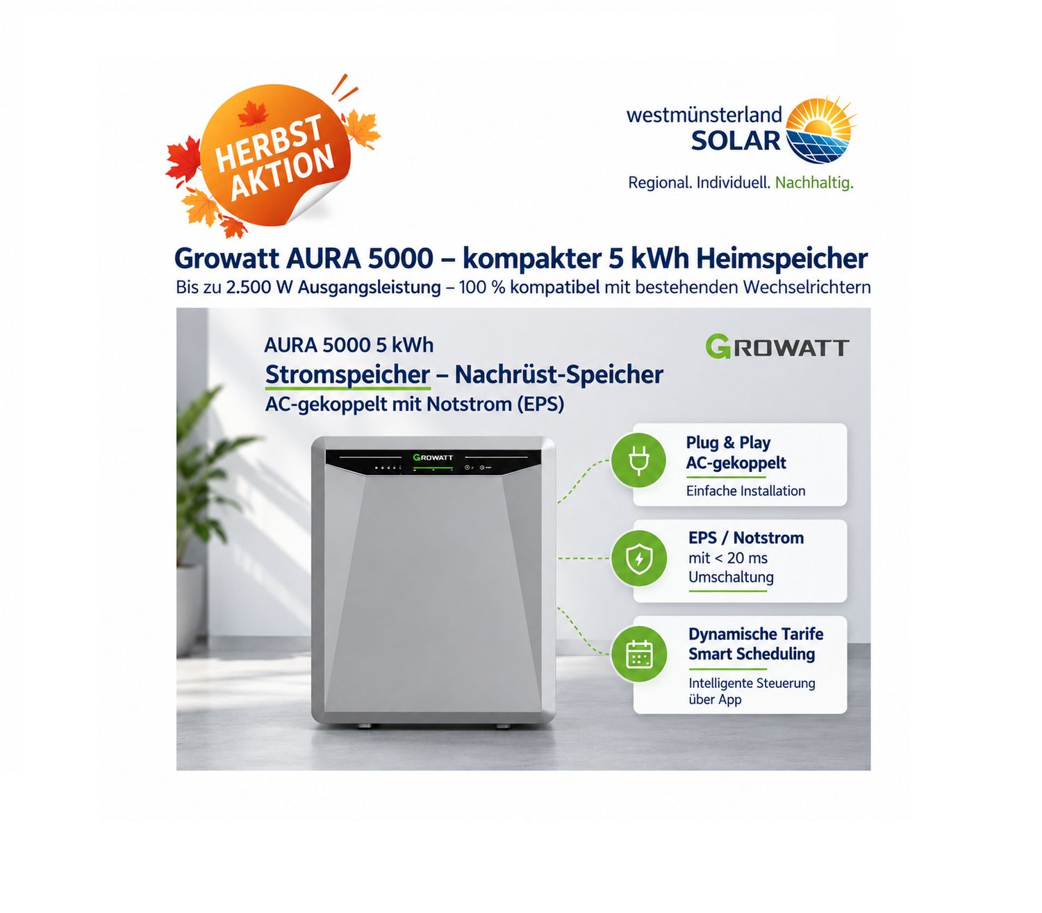 Growatt AURA 5000 – kompakter 5 kWh Heimspeicher für Balkonkraftwerk & PV-Anlage