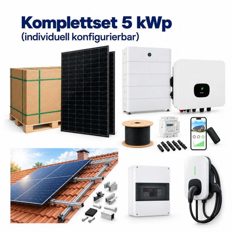 PV-Komplettset 5 kWp zur Selbstmontage – 12x JA Solar Glas-Glas Module | Growatt Wechselrichter | Speicher optional PV-Komplettset 5 kWp zur Selbstmontage – 12x JA Solar Glas-Glas Module | Growatt Wechselrichter | Speicher optional