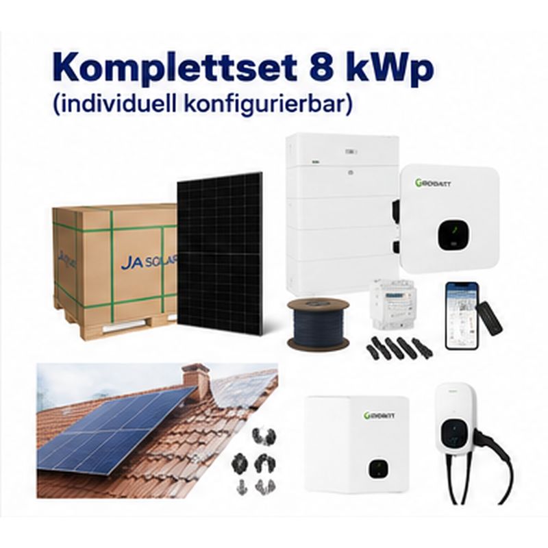 PV-Komplettset 8 kWp zur Selbstmontage – 18x JA Solar Glas-Glas Module | Growatt Wechselrichter | Speicher optional PV-Komplettset 8 kWp zur Selbstmontage – 18x JA Solar Glas-Glas Module | Growatt Wechselrichter | Speicher optional