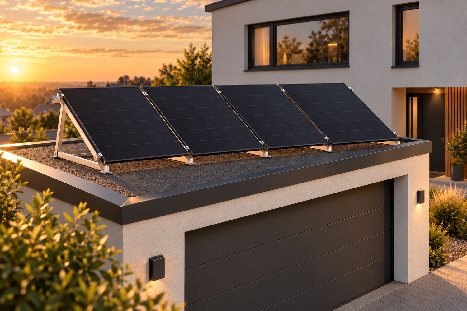 Montagepaket Balkonkraftwerk für 4 Solarmodule – Flachdach-Aufständerung 15–30° Hochkant / Vertikal Montagepaket Balkonkraftwerk für 4 Solarmodule – Flachdach-Aufständerung 15–30° Hochkant / Vertikal