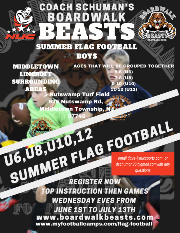NUC Boardwalk Beasts Boys Flag Football League U6, U8, U10, U12 Wednesday Evenings June 1st to July 13th