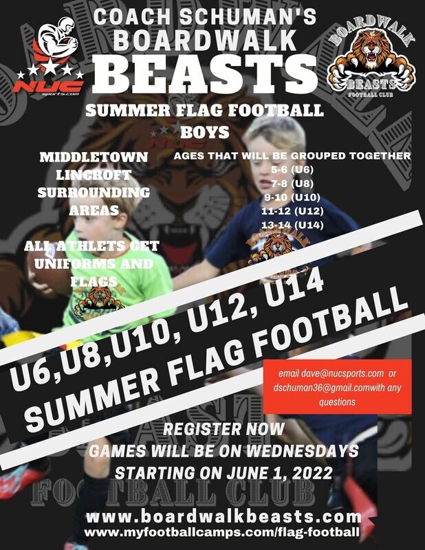 NUC Sports Boardwalk Beasts Boys Summer Flag Football League U6, U8, U10, U12, and U14