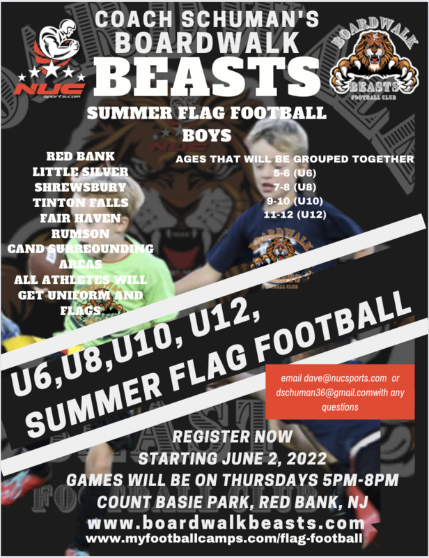 NUC Boardwalk Beasts Boys Flag Football League U6, U8, U10, U12 Thursday Evenings June 2nd to July 14th