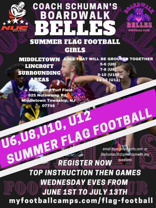 NUC Boardwalk Belles Girls Flag Football League U6, U8, U10, U12 Wednesday Evenings June 1st to July 13th