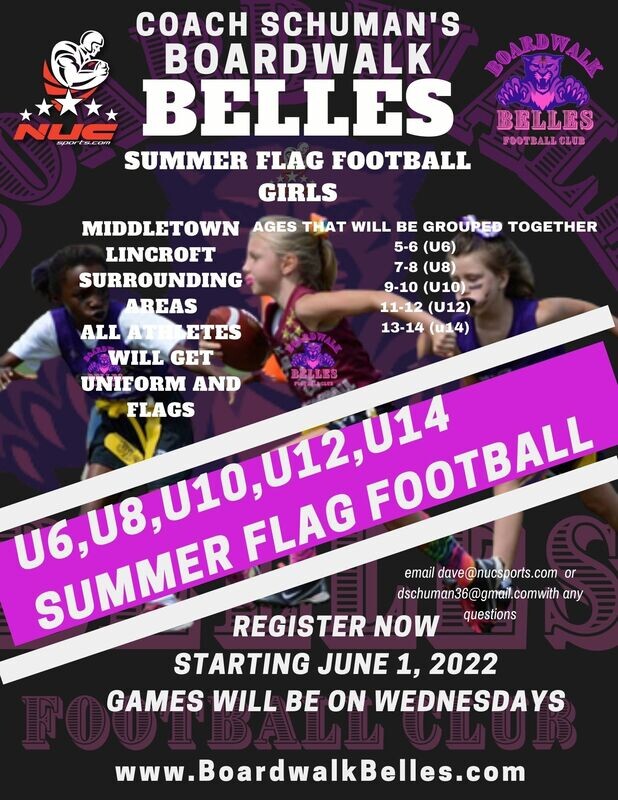 NUC Sports Boardwalk Belles Girls Summer Flag Football League U6, U8, U10, U12, and U14