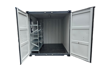 10 Fuß Lagercontainer mit Schwerlastregalen + Strompaket