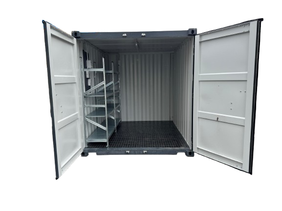 10 Fuß Lagercontainer mit Schwerlastregalen + Strompaket