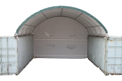 containerzelt, containerüberdachung, rundbogenhalle, containerhalle, containerrundbogenhalle mit rückwand, 
