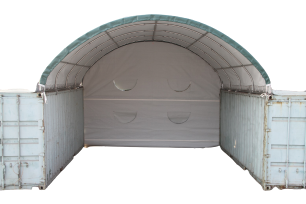 containerzelt, containerüberdachung, rundbogenhalle, containerhalle, containerrundbogenhalle mit rückwand, 