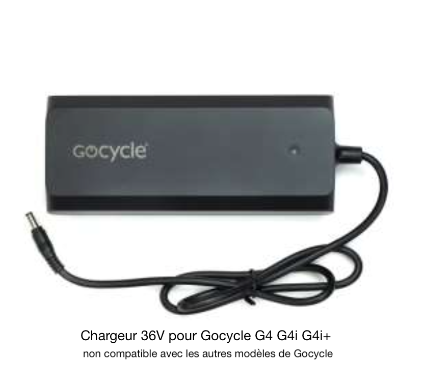 Chargeur Gocycle G4, G4i, G4i+ uniquement compatible avec batterie Gocycle G4; non compatible avec Gocycle GX/GXi. Batterie Gocycle G4i fonctionne avec G4 et vice versa, même chargeur 36V utilisé.