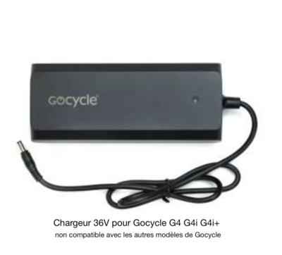 Chargeur Gocycle G4, G4i, G4i+ uniquement compatible avec batterie Gocycle G4; non compatible avec Gocycle GX/GXi. Batterie Gocycle G4i fonctionne avec G4 et vice versa, même chargeur 36V utilisé.
