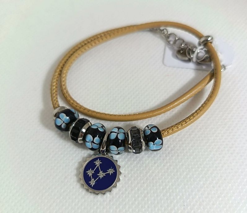 Bracciale in pelle beige componibile Tres Jolie con segno zodiacale vergine - BROSWYA