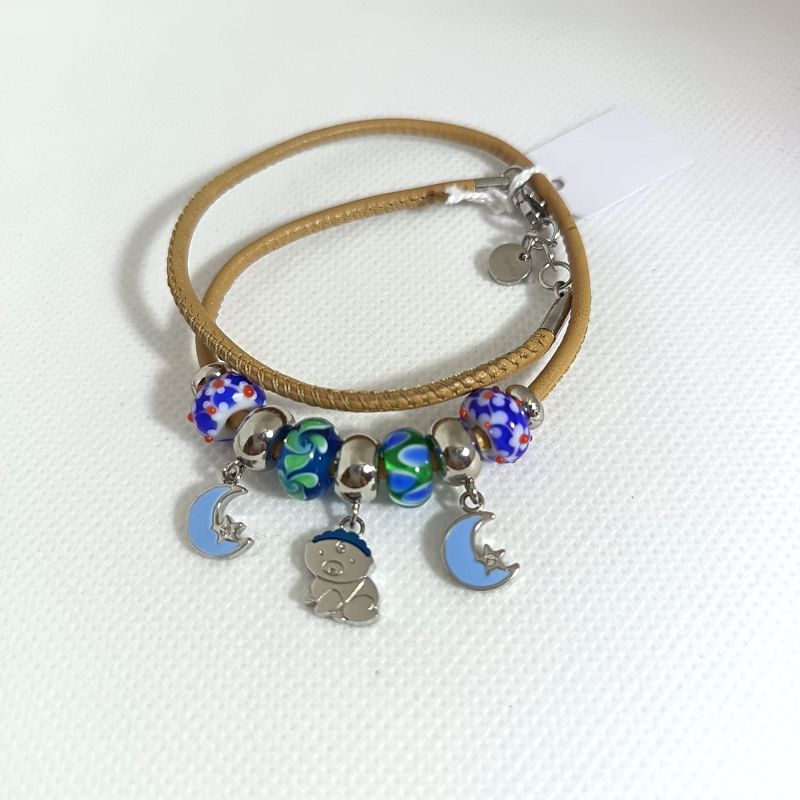 Bracciale in pelle beige componibile Tres Jolie con bebè - BROSWAY