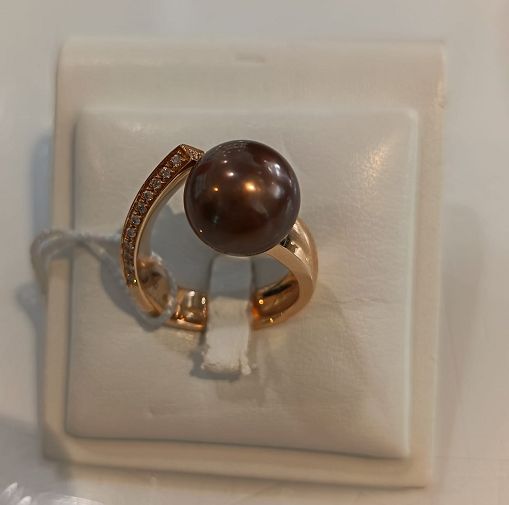Anello in oro rosa 18 kt, perla Tahiti e diamanti - NIMEI