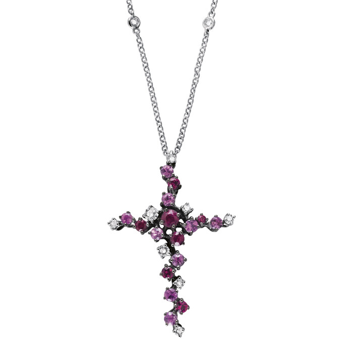 SALVINI SPARKLING PRECIOUS COLLANA CON CROCE CON DIAMANTI RUBINI E ZAFFIRI ROSA 20057439