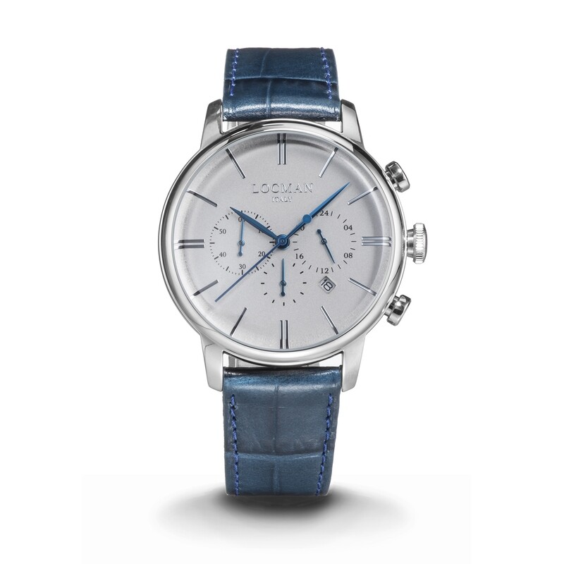 LOCMAN 1960 CRONOGRAFO AL QUARZO QUADRANTE GRIGIO SFERE AZZURRATE E PELLE BLU 0254A06A-00AGNKPB