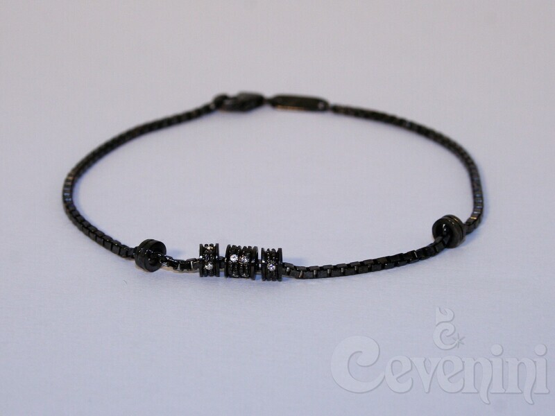 BRACCIALE SCARABEO Uomo/Unisex In Argento Rodio Nero Maglia Piccola e Spinelli Naturali Con 3 Beads BR2030/AR/BLK