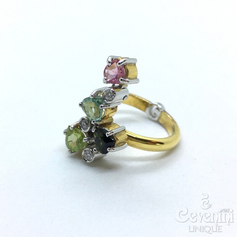 ANELLO GLICINE CEVENINI UNIQUE  ORO GIALLO E BIANCO 750‰  CON DIAMANTI E TORMALINE NATURALI TAGLIO A CUORE