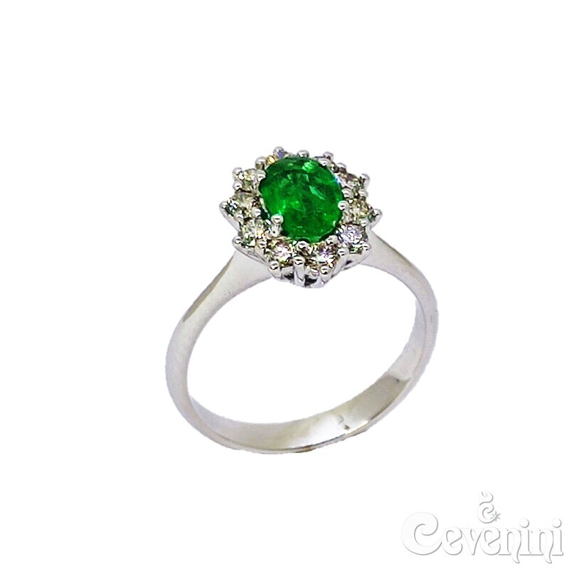 ANELLO DROP CEVENINI UNIQUE ORO BIANCO 750‰ CON DIAMANTI E SMERALDO OVALE