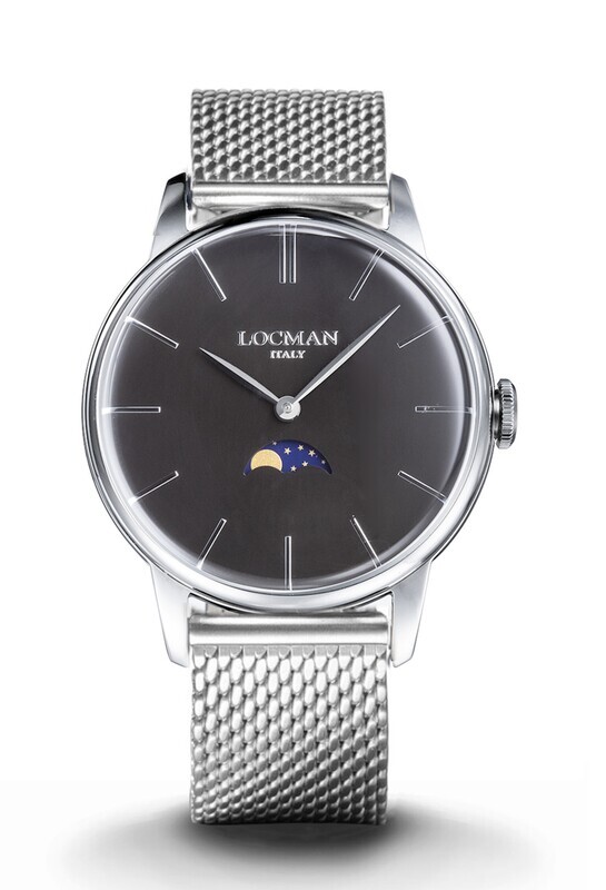 LOCMAN 1960 FASI LUNARI ACCIAIO QUADRANTE NERO BRACCIALE MESH MAGLIA MILANO 0256A01A-00BKNKB0