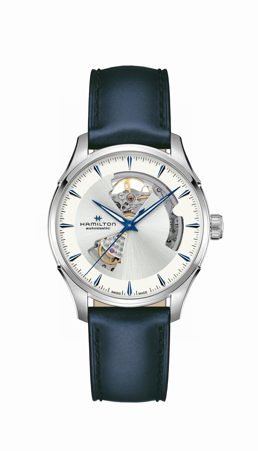 HAMILTON JAZZMASTER OPEN HEART AUTO 40MM SILVER CINTURINO PELLE BLU H32675650