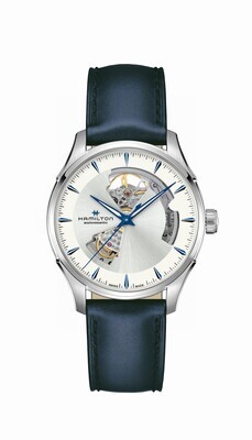 HAMILTON JAZZMASTER OPEN HEART AUTO 40MM SILVER CINTURINO PELLE BLU H32675650