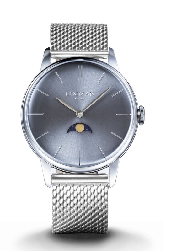 LOCMAN 1960 FASI LUNARI ACCIAIO QUADRANTE GRIGIO BRACCIALE MAGLIA MESH MILANO 0256A07A-00GYNKB0