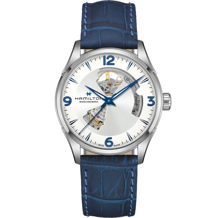 HAMILTON JAZZMASTER OPEN HEART AUTO 42MM SILVER INDICI BLU CINTURINO PELLE BLU H32705651