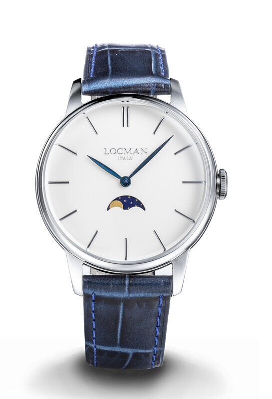 LOCMAN 1960 FASI LUNARI ACCIAIO QUADRANTE BIANCO CINTURINO PELLE BLU 0256A05A-00AVNKPB