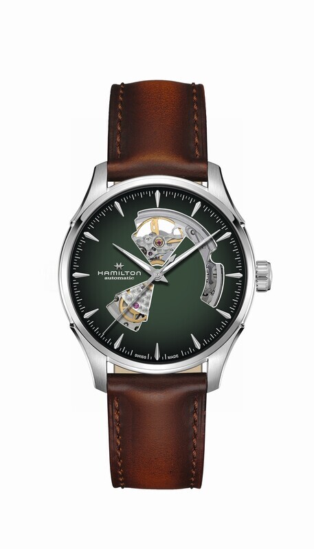 HAMILTON JAZZMASTER OPEN HEART AUTO 40MM VERDE CINTURINO PELLE MARRONE H32675560