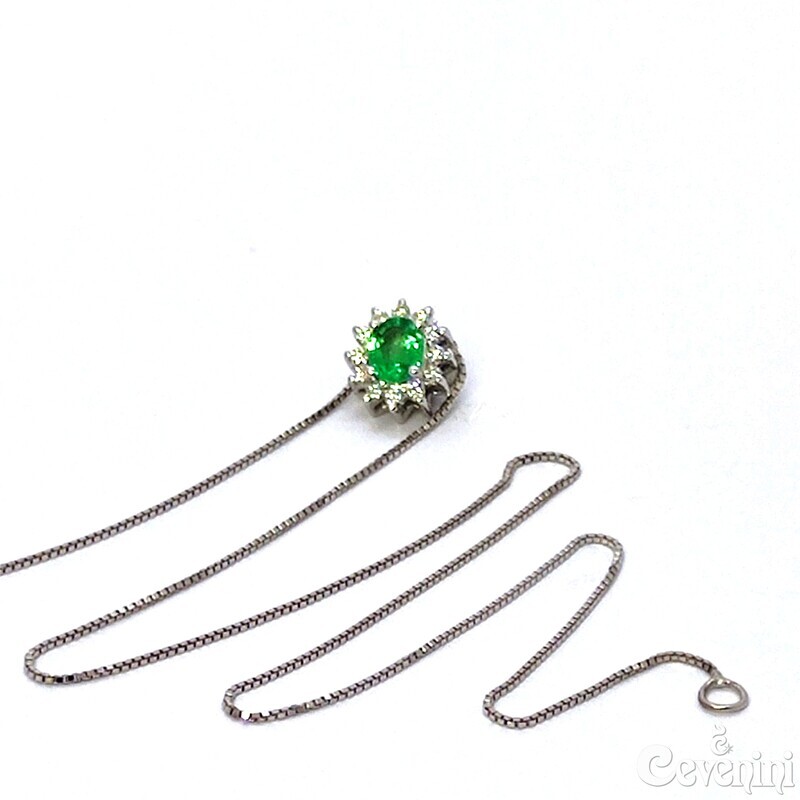 COLLANA DROP CEVENINI UNIQUE ORO BIANCO 750‰ CON DIAMANTI E SMERALDO OVALE