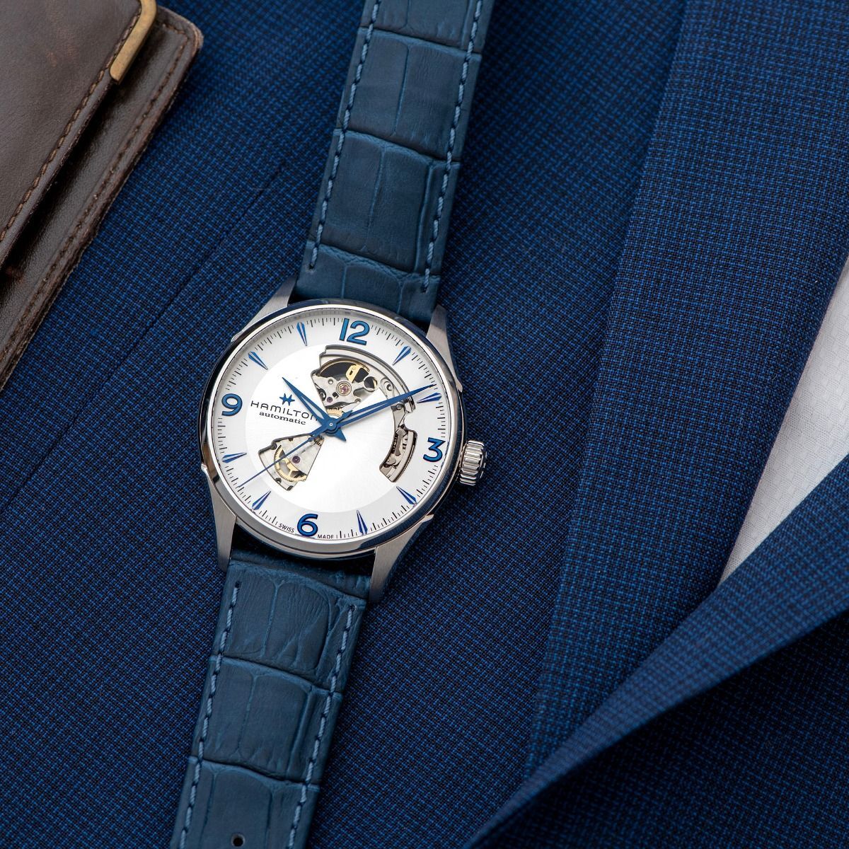 HAMILTON JAZZMASTER OPEN HEART AUTO 42MM SILVER INDICI BLU CINTURINO PELLE BLU H32705651