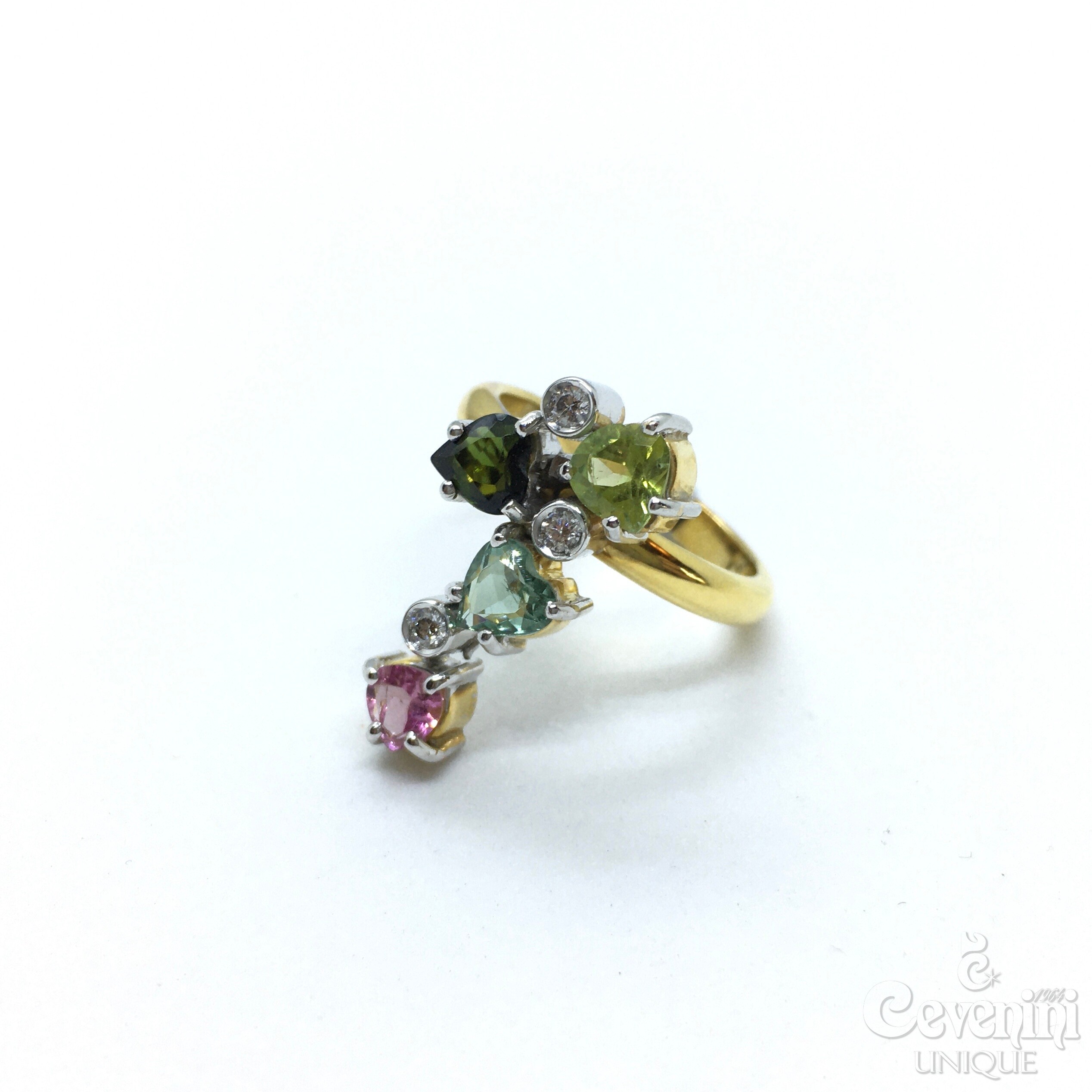 ANELLO GLICINE CEVENINI UNIQUE ORO GIALLO E BIANCO 750‰ CON DIAMANTI E TORMALINE NATURALI TAGLIO A CUORE