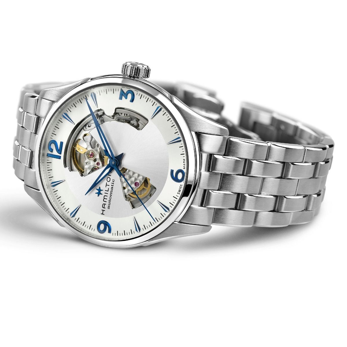 HAMILTON JAZZMASTER OPEN HEART AUTO 42MM SILVER INDICI BLU BRACCIALE ACCIAIO H32705152