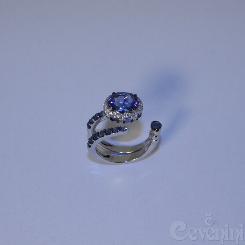 ANELLO GIOVANNI FERRARIS FRAGRANZE ORO BIANCO CON TANZANITE DIAMANTI E ZAFFIRI Ref. AN2078BBZB/116