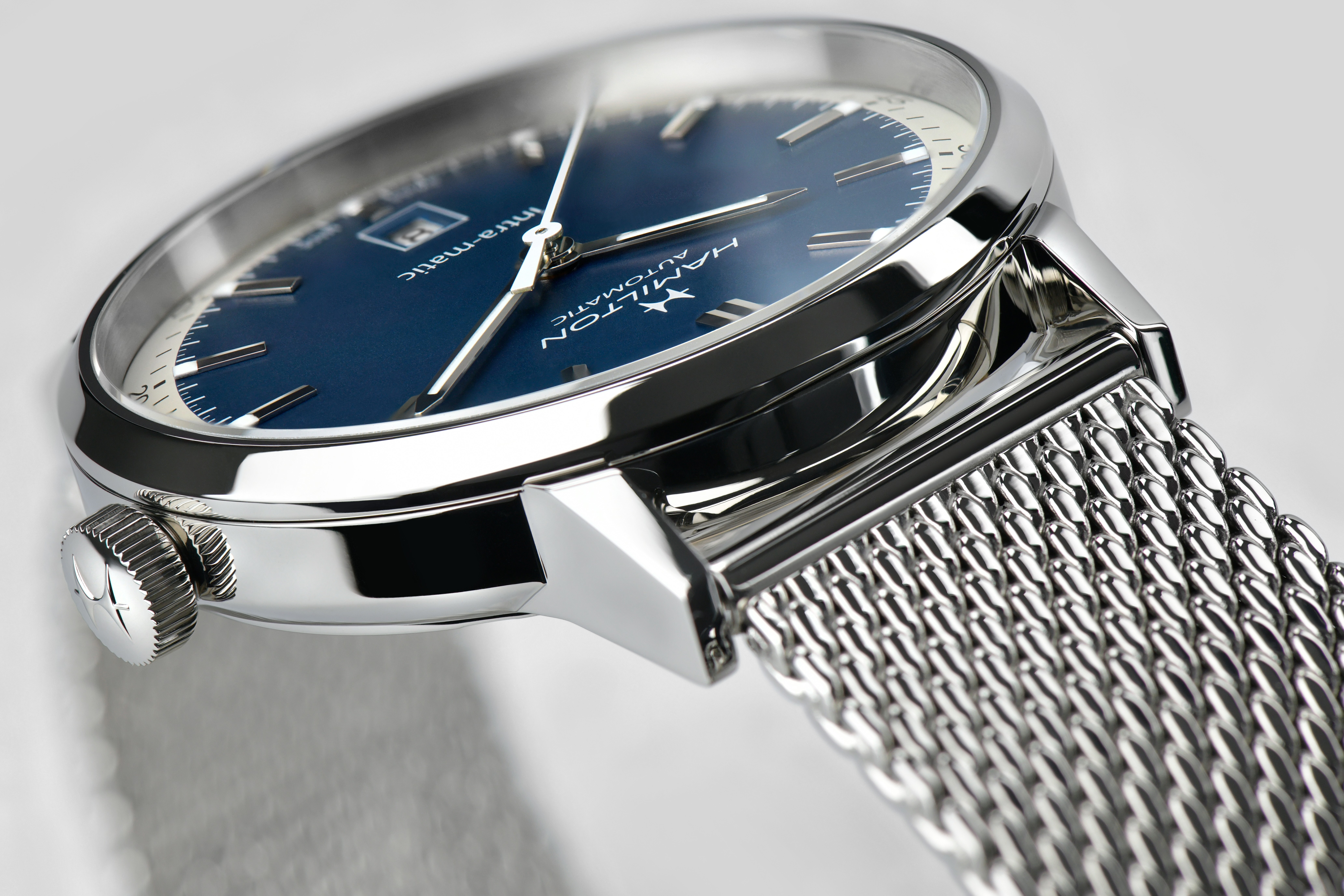 HAMILTON INTRA-MATIC OROLOGIO AUTOMATICO 40MM QUADRANTE BLU BRACCIALE ACCIAIO MAGLIA MILANO MESH H38425140