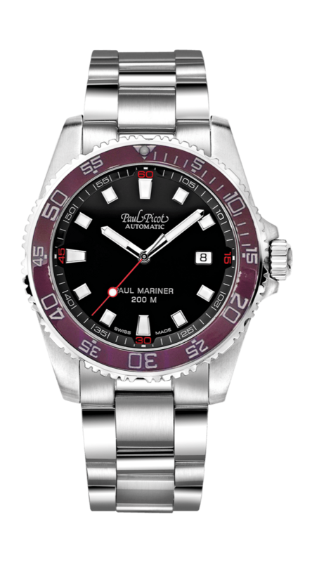 PAUL PICOT PAUL MARINER III Automatic 42mm Red Ceramic Bezel Black Dial Steel Bracelet 4352SG-CR