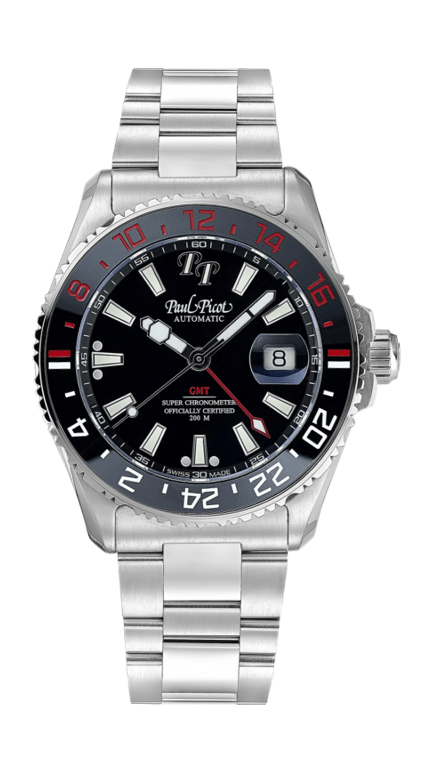 PAUL PICOT PAUL MARINER 5 GMT CHRONOMETER OFFICIALLY CERTIFIED BY COSC Automatic 42mm Ceramic Bezel BLACK Dial Steel Bracelet 4353SG-CN