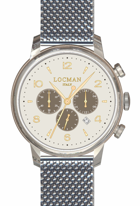 LOCMAN 1960 CRONOGRAFO AL QUARZO QUADRANTE PANDA BIANCO CONTATORI KHAKI MAGLIA MAILANO MESH 0254A05R-00AVGY2B0