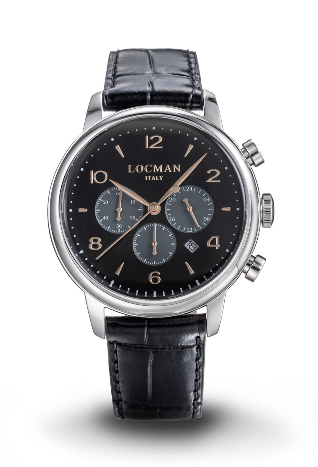 LOCMAN 1960 CRONOGRAFO AL QUARZO QUADRANTE PANDA NERO PVD CONTATORI GRIGI CINTURINO PELLE NERO 0254A01R-00BKGY2PK