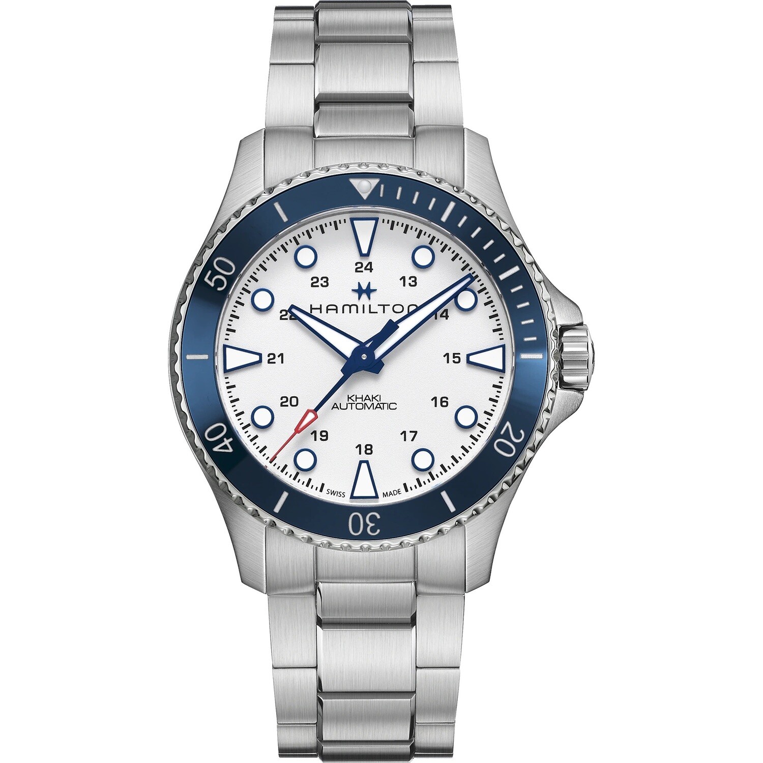 HAMILTON KHAKI NAVY SCUBA AUTO CARICA AUTOMATICA 43mm QUADRANTE BIANCO LUNETTA CERAMICA BLU BRACCIALE ACCIAIO H82505150 HAMILTON KHAKI NAVY SCUBA AUTO CARICA AUTOMATICA 43mm QUADRANTE BIANCO LUNETTA CERAMICA BLU BRACCIALE ACCIAIO H82505150