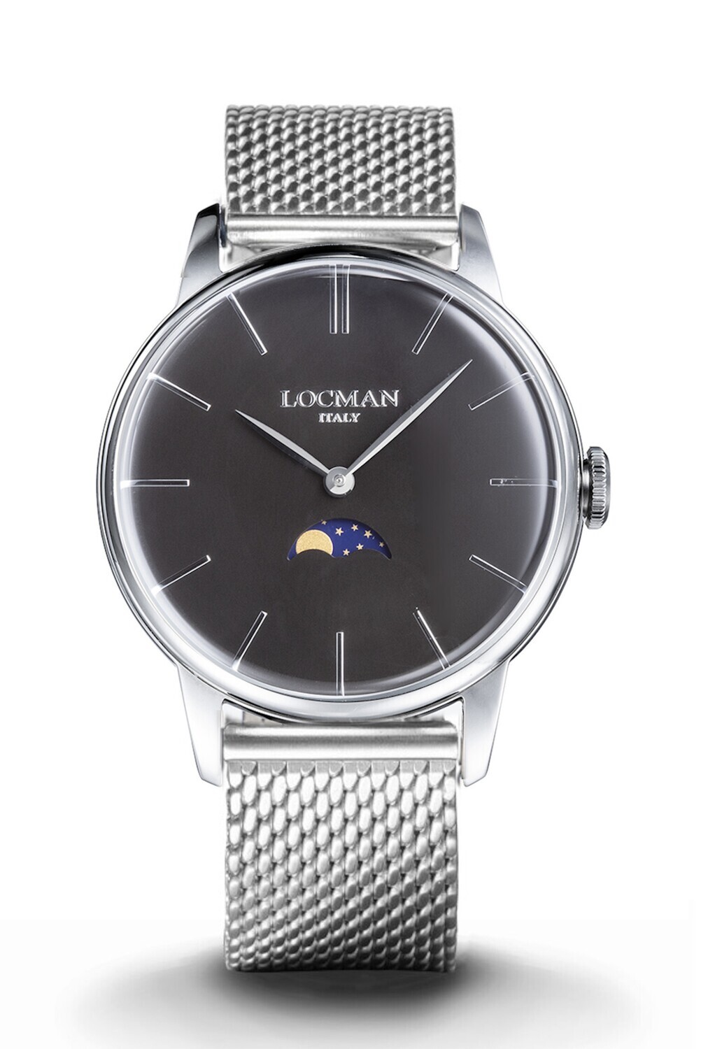 LOCMAN 1960 FASI LUNARI ACCIAIO QUADRANTE NERO BRACCIALE MESH MAGLIA MILANO 0256A01A-00BKNKB0