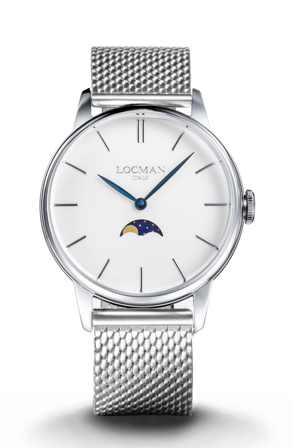 LOCMAN 1960 FASI LUNARI ACCIAIO QUADRANTE BIANCO BRACCIALE MESH MAGLIA MILANO 0256A05A-00AVNKB0