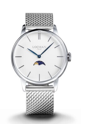 LOCMAN 1960 FASI LUNARI ACCIAIO QUADRANTE BIANCO BRACCIALE MESH MAGLIA MILANO 0256A05A-00AVNKB0
