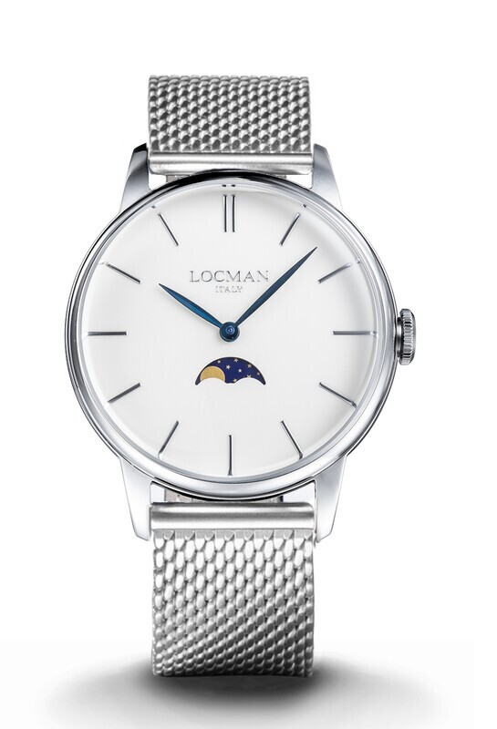 LOCMAN 1960 FASI LUNARI ACCIAIO QUADRANTE BIANCO BRACCIALE MESH MAGLIA MILANO 0256A05A-00AVNKB0 LOCMAN 1960 FASI LUNARI ACCIAIO QUADRANTE BIANCO BRACCIALE MESH MAGLIA MILANO 0256A05A-00AVNKB0