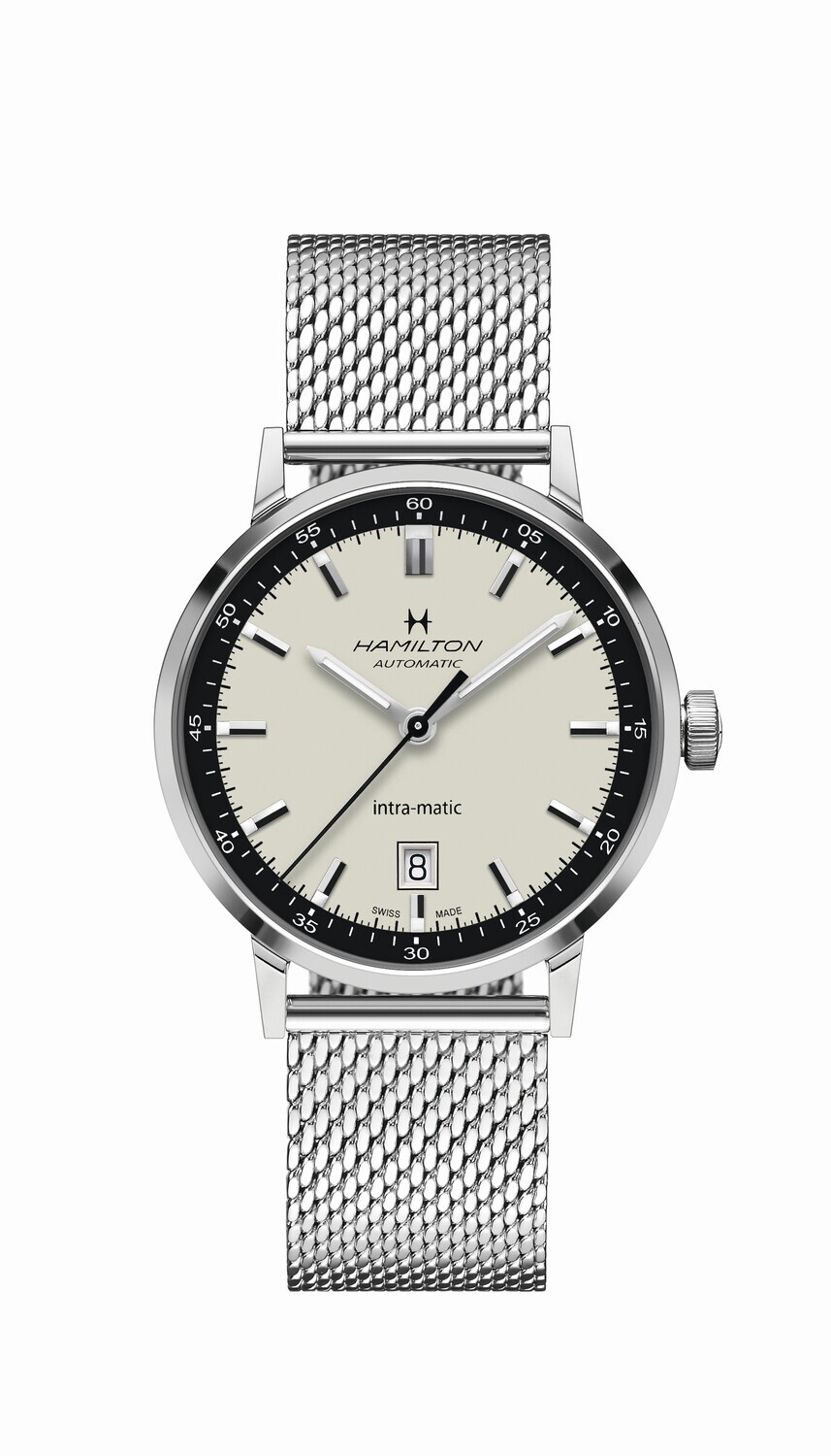 HAMILTON INTRA-MATIC OROLOGIO AUTOMATICO 40MM QUADRANTE BIANCO BRACCIALE ACCIAIO MAGLIA MILANO MESH H38425120