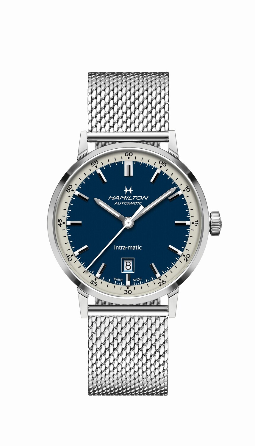 HAMILTON INTRA-MATIC OROLOGIO AUTOMATICO 40MM QUADRANTE BLU BRACCIALE ACCIAIO MAGLIA MILANO MESH H38425140