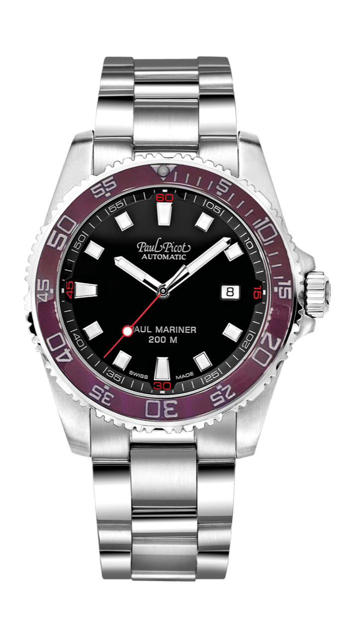 PAUL PICOT PAUL MARINER III Automatic 42mm Red Ceramic Bezel Black Dial Steel Bracelet 4352SG-CR